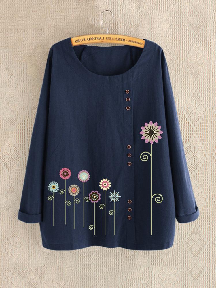 LilyWish Casual Print Floral Crew Neck Long Sleeve Blouse