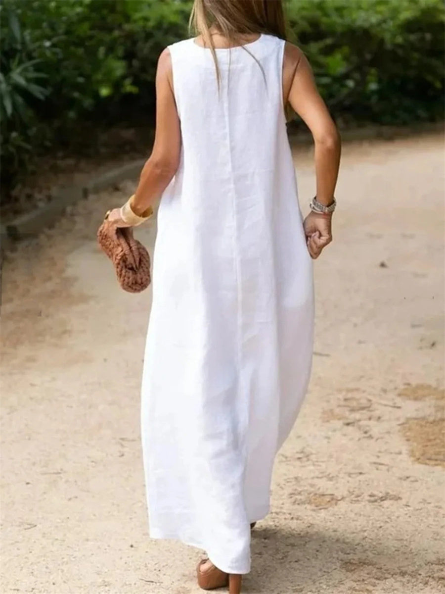 Plain V Neck Sleeveless Loose Casual White Dress