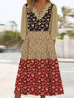 Women's Long Sleeve V-neck Floral Printed Lace Stitching Midi Dress