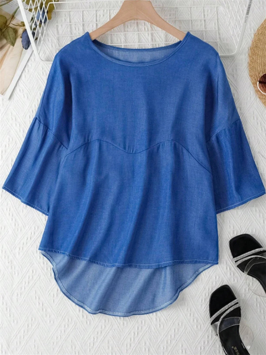 LilyWish Blue Crew Neck Half Sleeves Loose Blouse