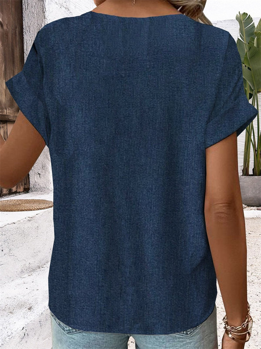 LilyWish Plain V Neck Buttoned Short Sleeve Blouse