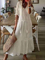 Women¡¯s Cotton Eyelet V-Neck Half Sleeve Maxi Dress