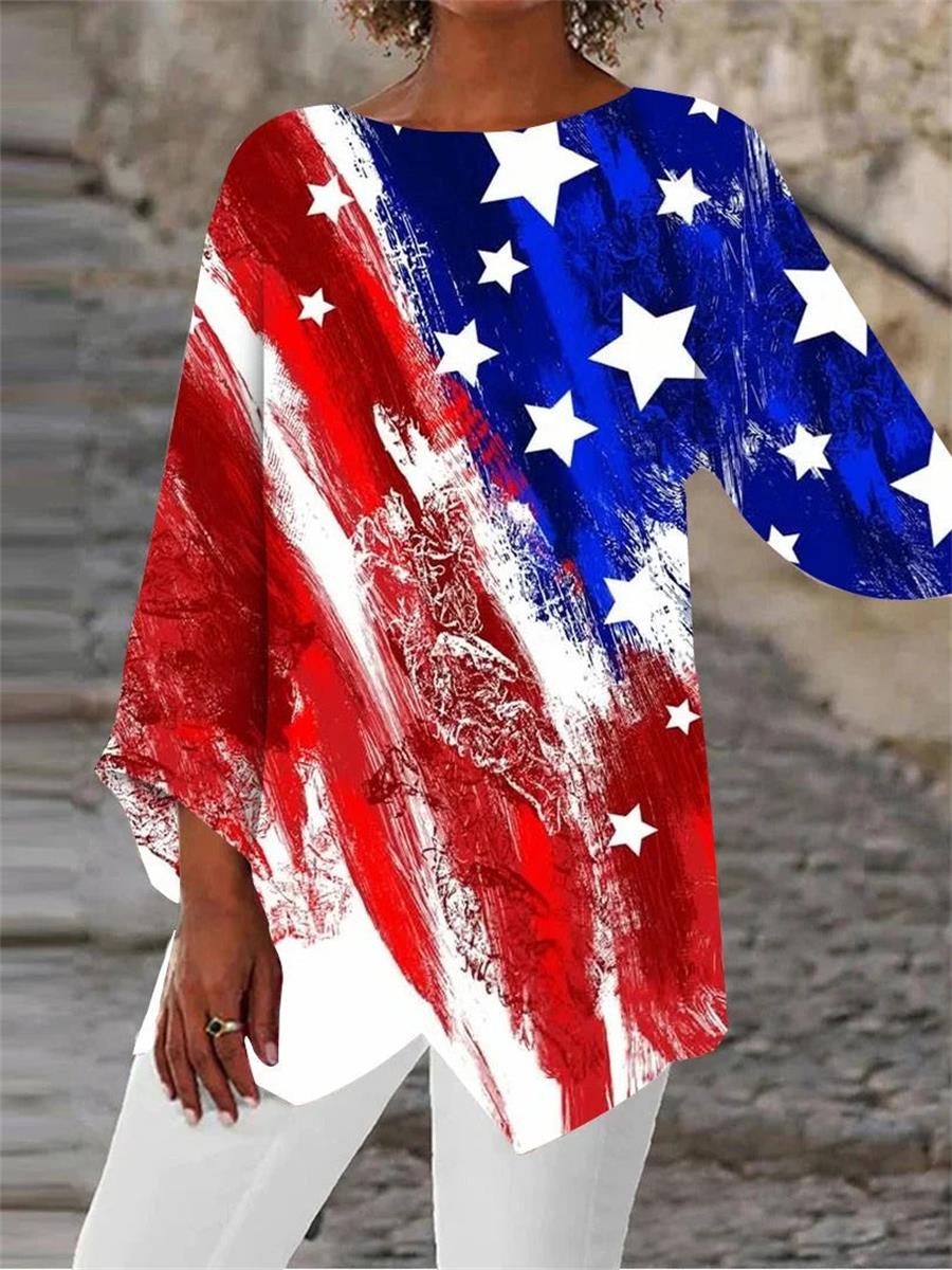 Red Casual Graphic Tops Round Neck Colorblock Printed Long Sleeve Blouse