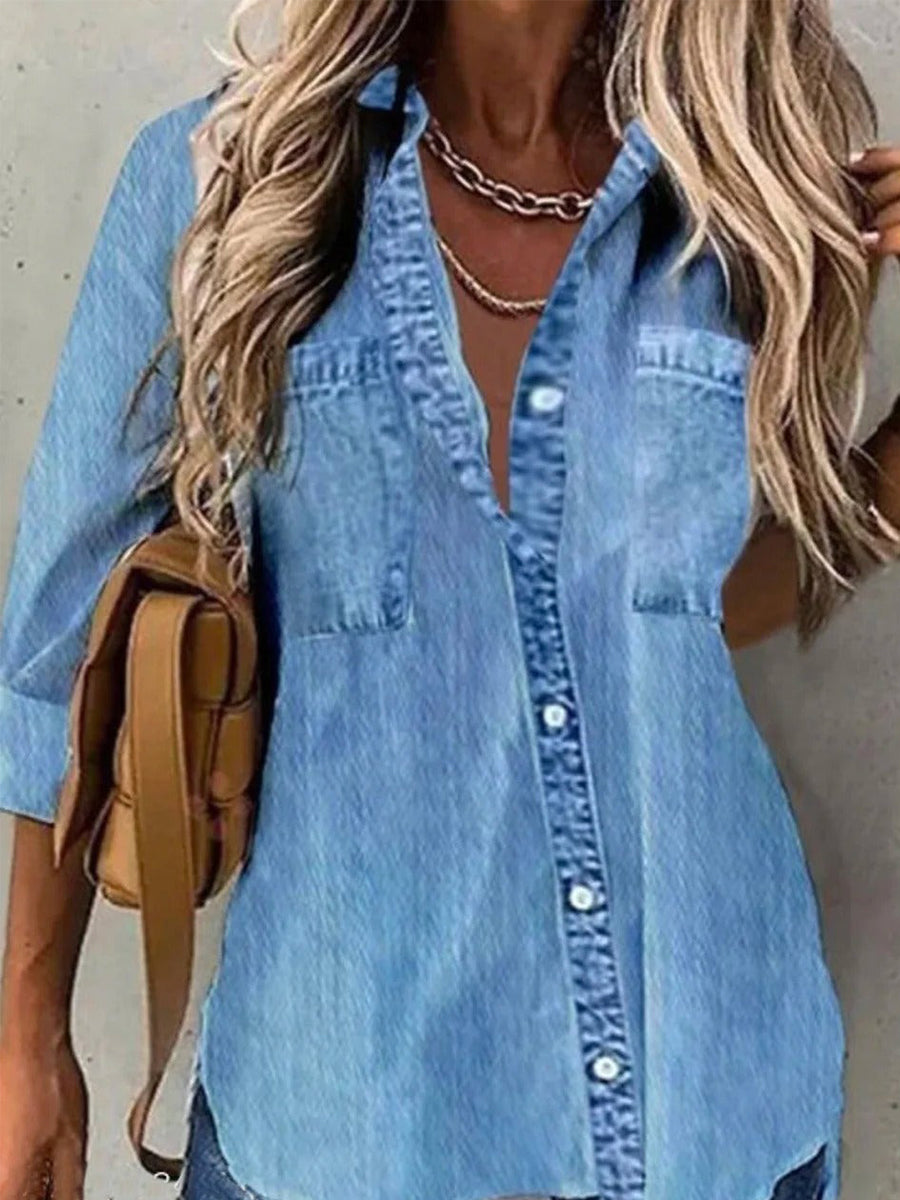 LilyWish Spring Collar Denim Long Sleeve Abstract Regular Loose Blouse