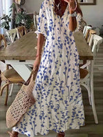 V Neck Loose Blue Floral Casual Maxi Dress