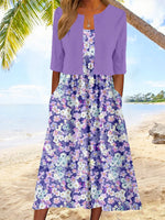 Women's Floral Midi Dress with Cropped Jacket Casual Elegant Two-Piece Set