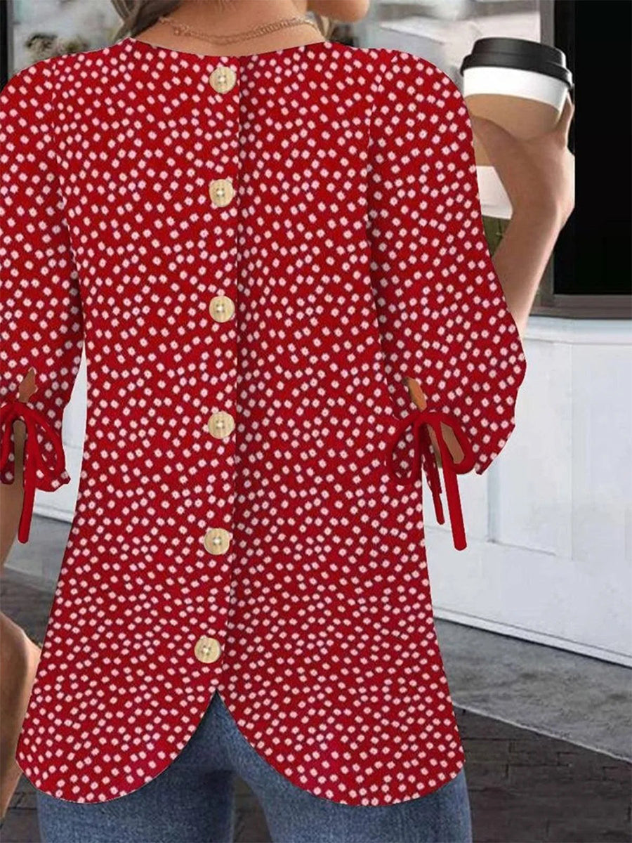 LilyWish Red Crew Neck Half Sleeve Loose Blouse