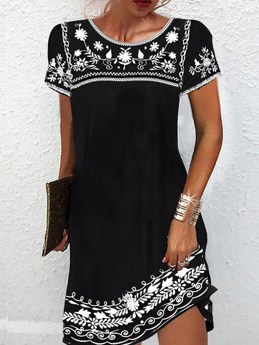 LilyWish Women's Boho Floral Embroidered Black Short Sleeve Dress