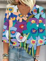 LilyWish Fresh Color Block V-Neck 3/4 Sleeve Top