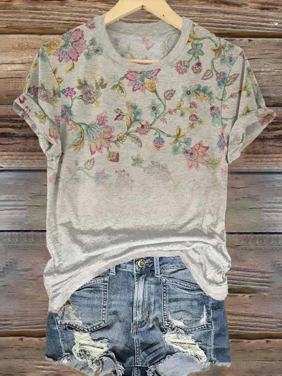 LilyWish Vintage Floral Print Round Neck Short Sleeve T-Shirt