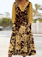 Women's Long Sleeve V-neck Floral Printed Lace Stitching Midi Dress