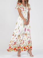 Lovely White Flower Printed V Neck Short Sleeve Maxi Dress