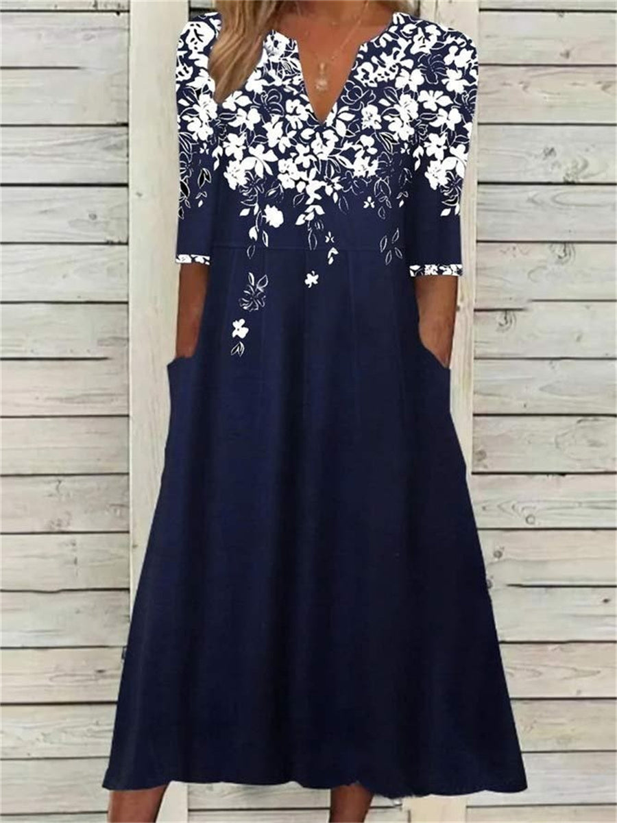Elegant Floral Printed V-neck Loose Dress