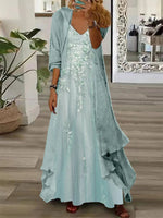 Women's Long Sleeve V-neck Floral Printed Two Pieces Maxi Dress