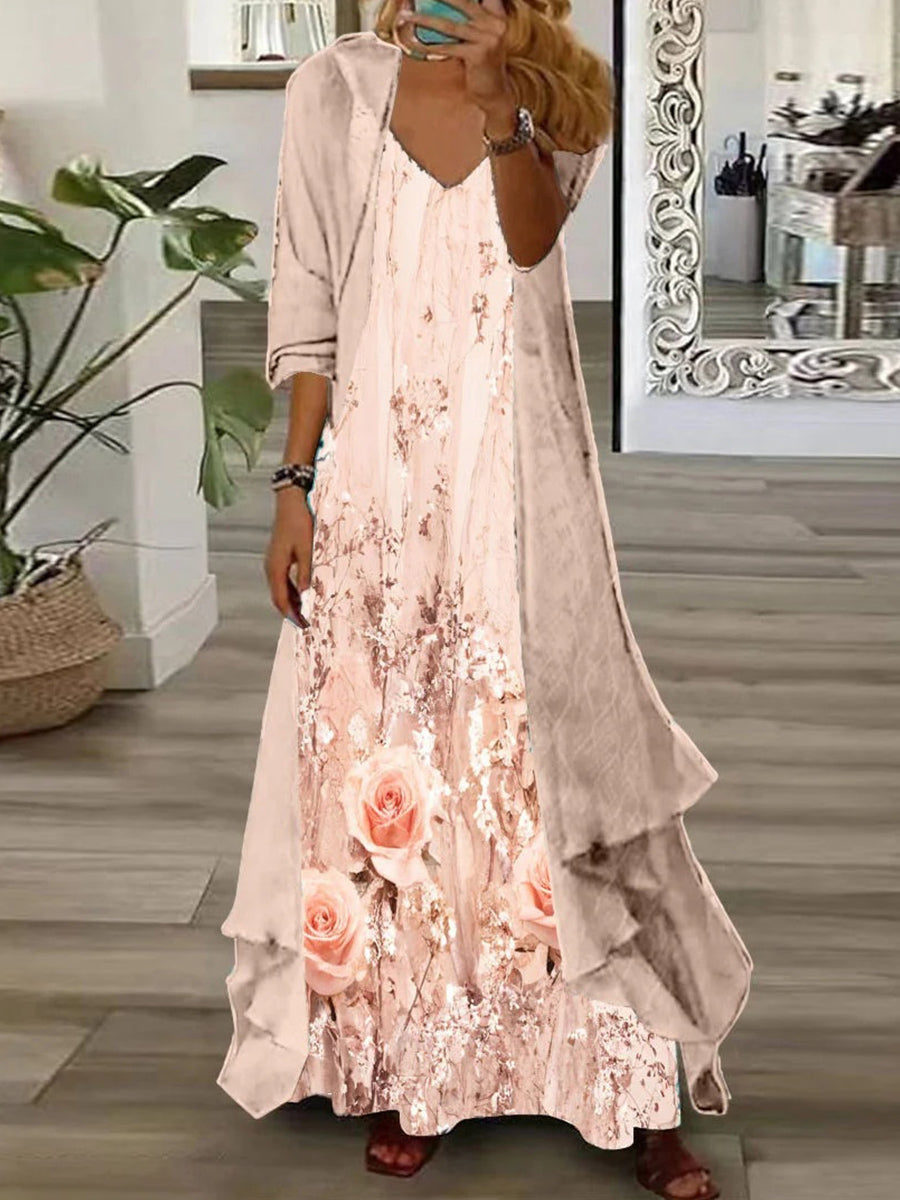 Women's Long Sleeve V-neck Floral Printed Two Pieces Maxi Dress