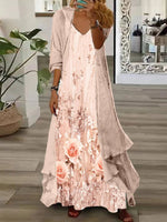 Women's Long Sleeve V-neck Floral Printed Two Pieces Maxi Dress