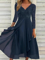 Navy V-Neck Long Sleeve Midi Dress