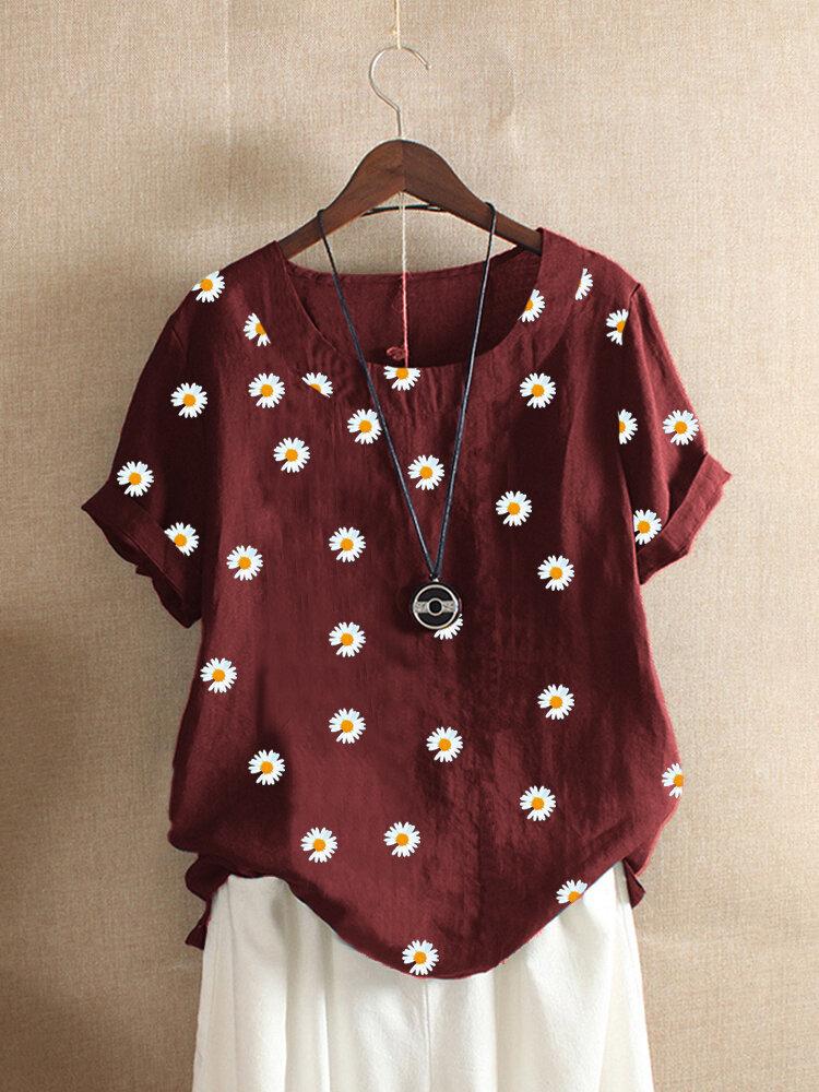 Daisy Floral Print Short Sleeve O-neck Blouse