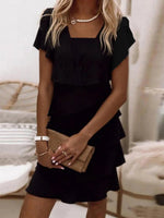 LilyWish Simple Square Neck Short Sleeve Plain Mini Black Dress