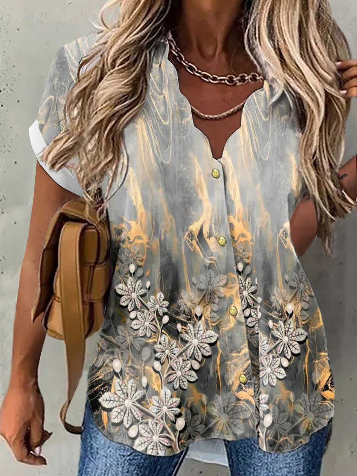 Beige Floral Printed V-neck Short Sleeve Blouse