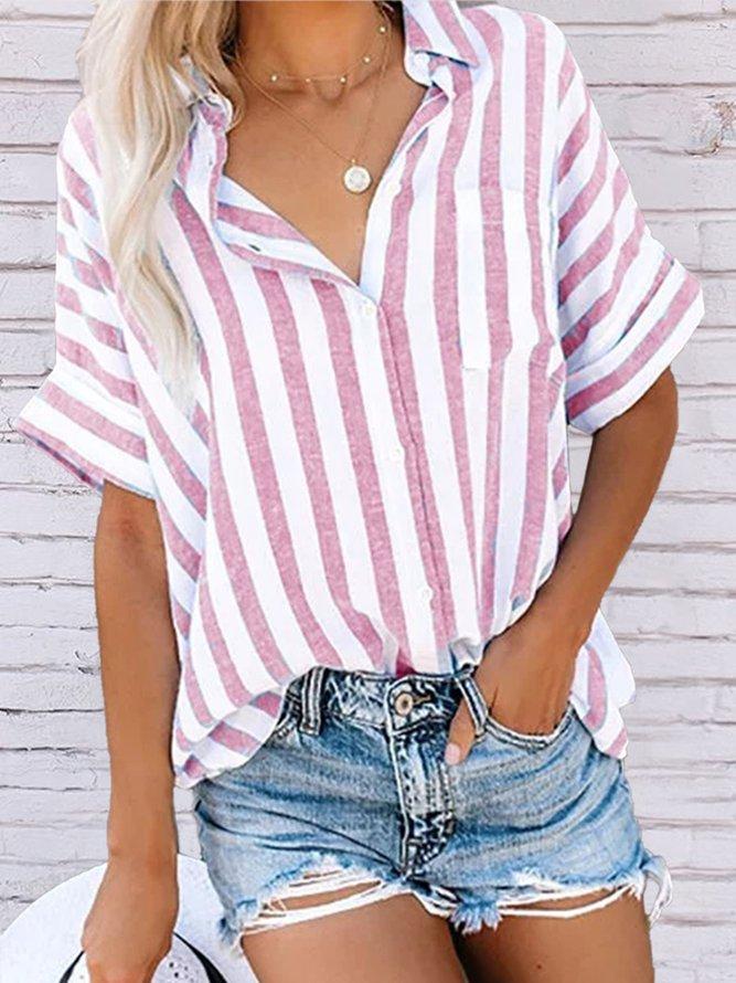 Cotton Buttoned Short Sleeve Striped Shirt