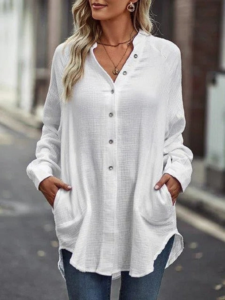 LilyWish White Casual Solid Blouse with Pockets