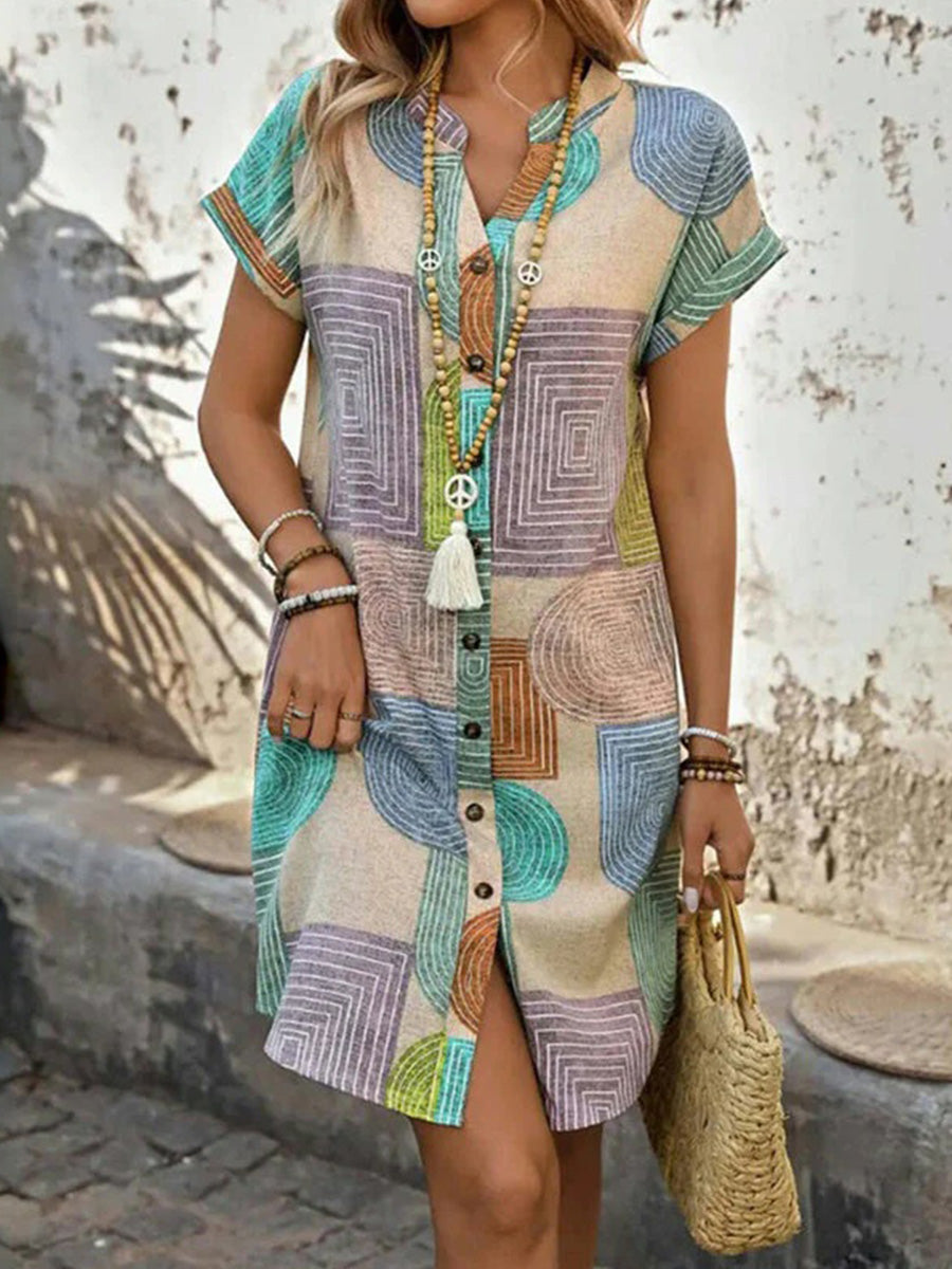 LilyWish Vintage Geometric Print V-neck Short Sleeve Dress