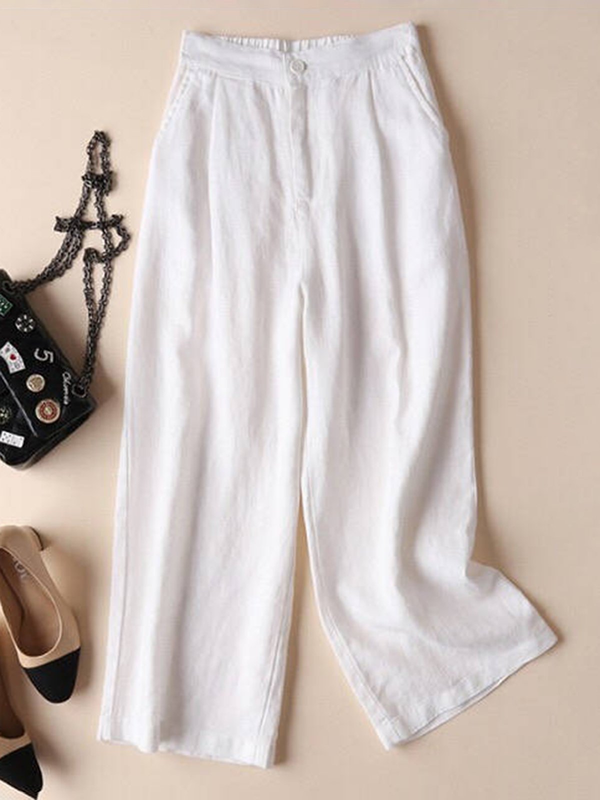 Solid Pockets Elastic Cotton Casual Straight Pants