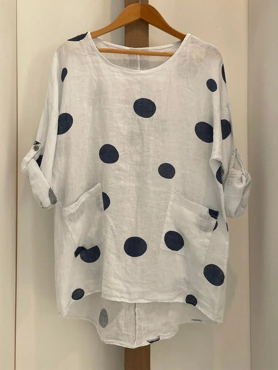 LilyWish Plus Size Polka Dot Print White Crew Neck Blouse