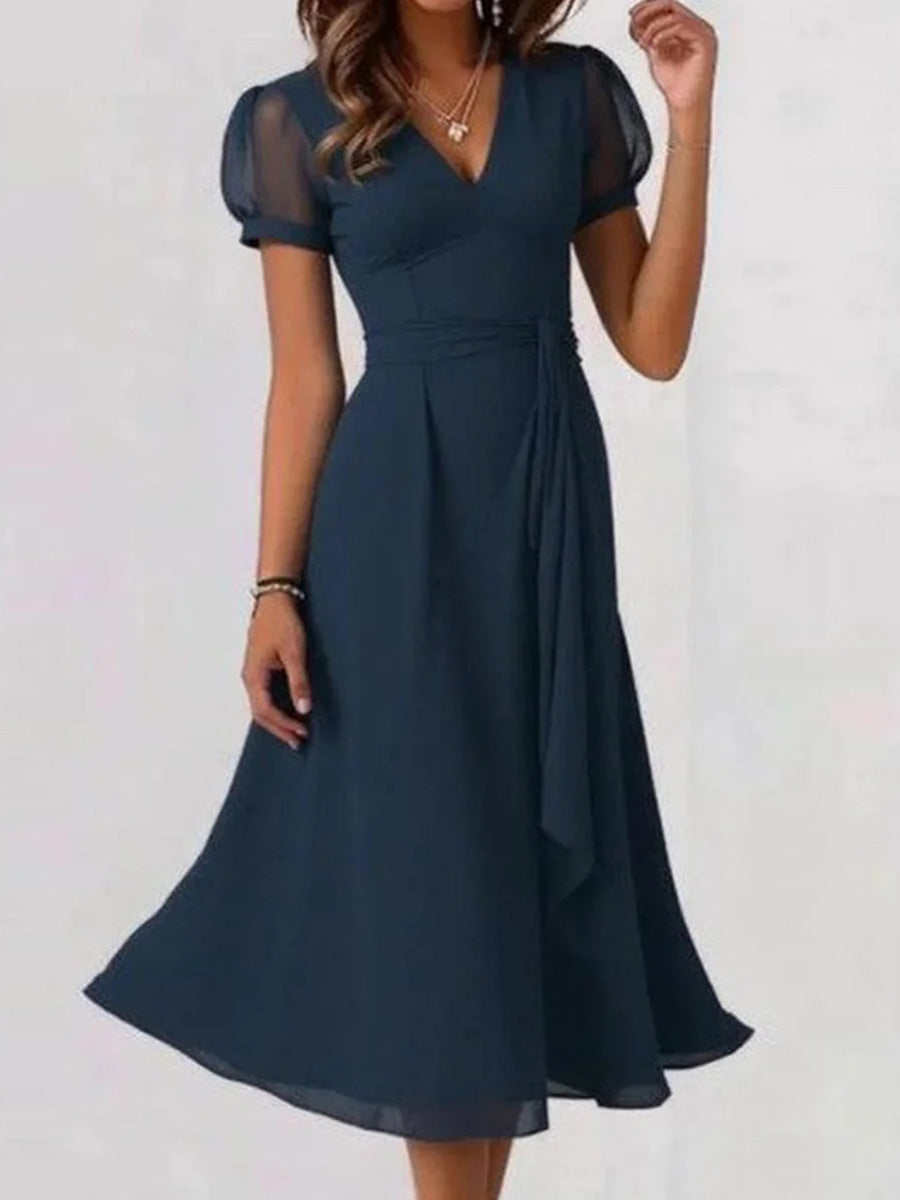 LilyWish Blue Plain V-neck Short Sleeve Midi Dress