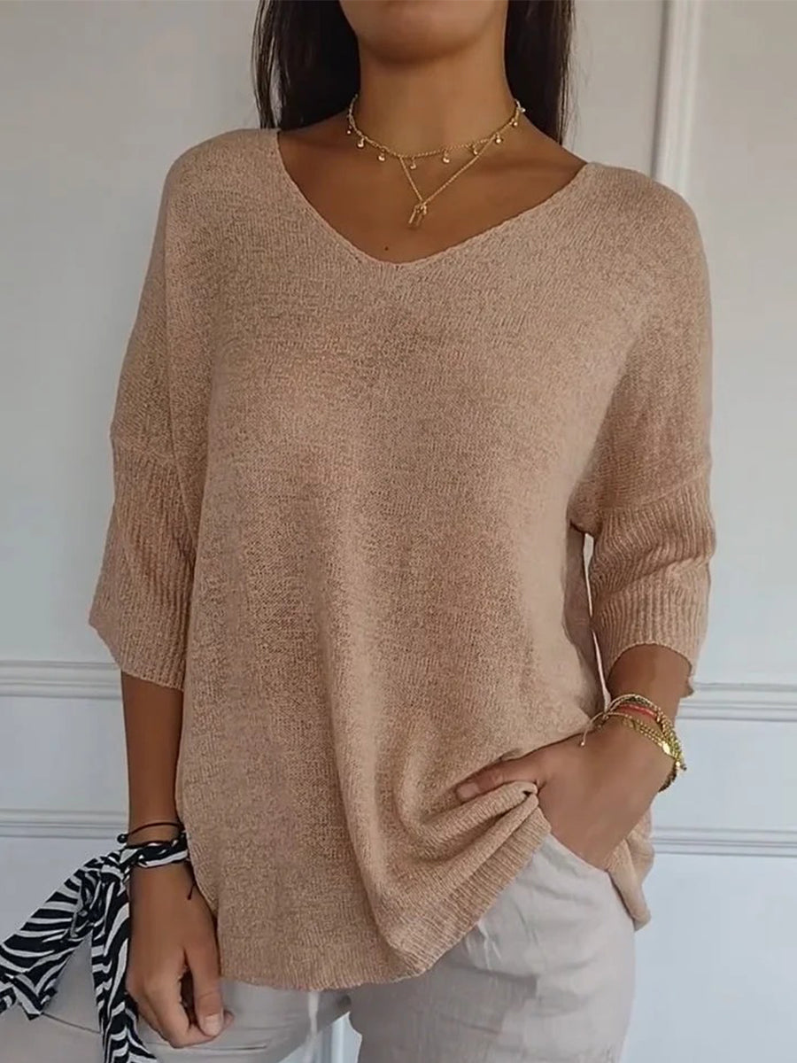 LilyWish Women's Casual V-Neck 3/4 Sleeve Loose Knit Top