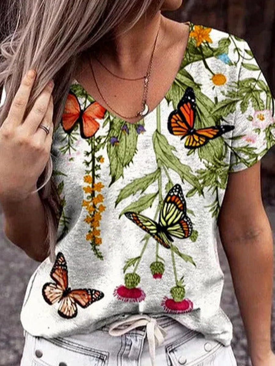Butterfly Print V-neck Short Sleeve White T-shirt