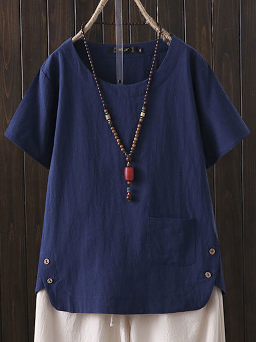 Cotton Solid Color Short Sleeve Blouse