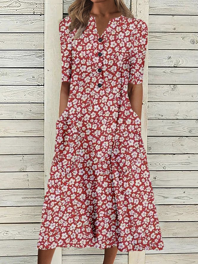 Women¡¯s Floral Print Button-Front Midi Dress with Pockets