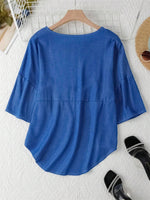 LilyWish Blue Crew Neck Half Sleeves Loose Blouse