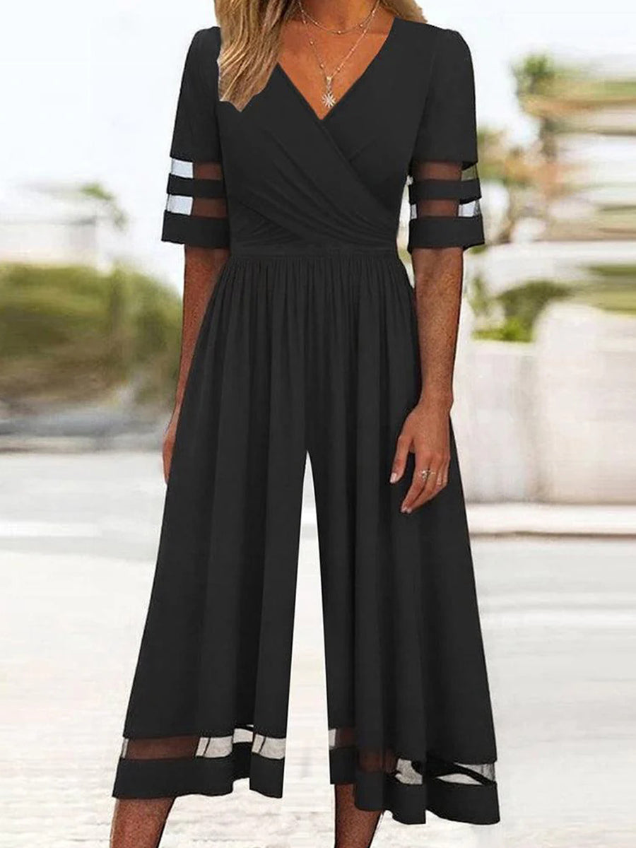 Plain Black V-neck Half Sleeve Jumpsuit