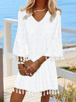 Stylish White Plain V-Neck 3/4 Sleeve Mini Dress