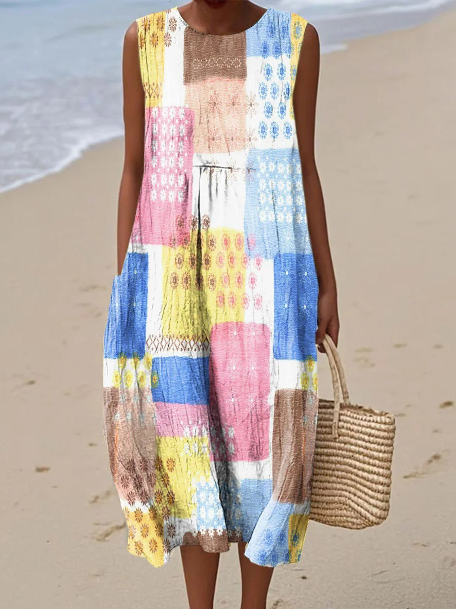 Women's Colorful Abstract Checkered Art Print Crew Neck Sleeveless Dress