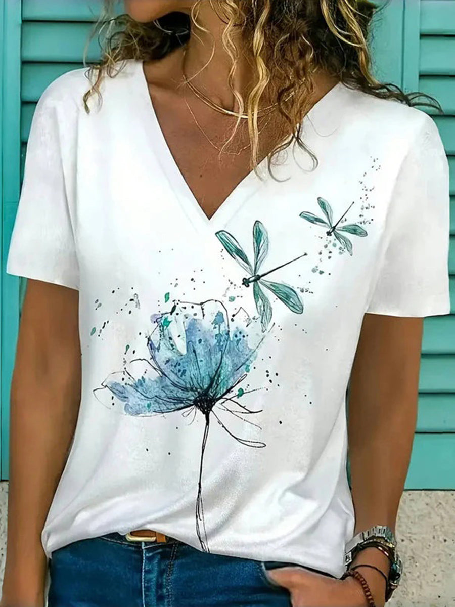 Casual Floral Print V-neck Short Sleeve T-Shirt
