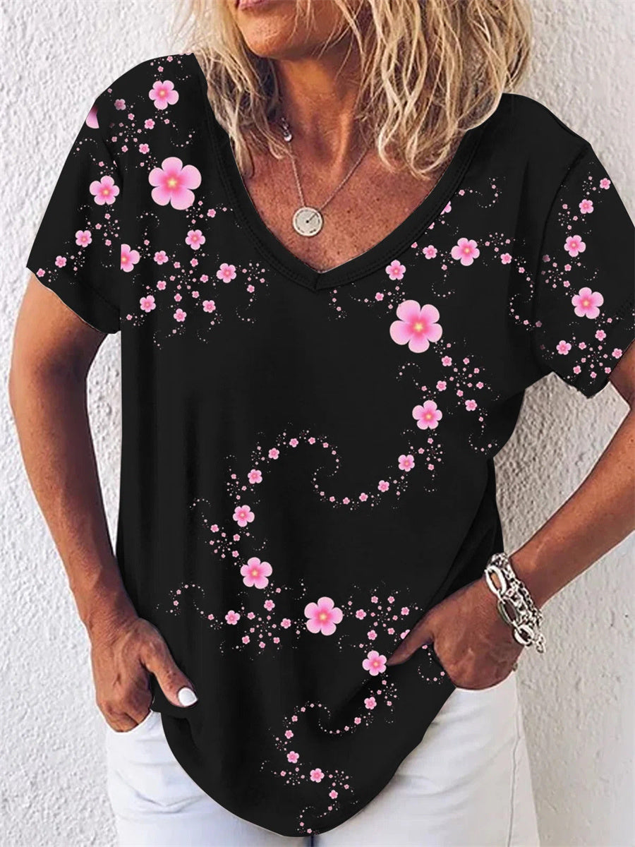 Peach Blossom Print V-neck Short Sleeves T-shirt