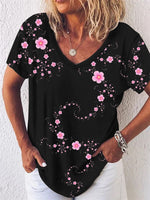 Peach Blossom Print V-neck Short Sleeves T-shirt