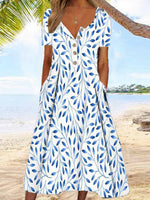 LilyWish Crew Neck Short Sleeve Vacation Leaf Print Loose Maxi Dress