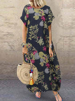 Round Neck Casual Bohemian Floral Print Maxi Dress