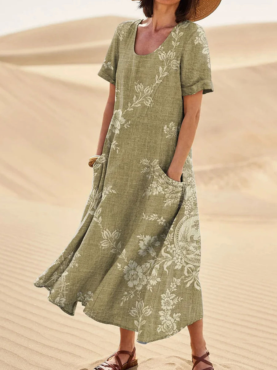 LilyWish Women's Retro Floral Art Print Casual Linen Pocket Dress