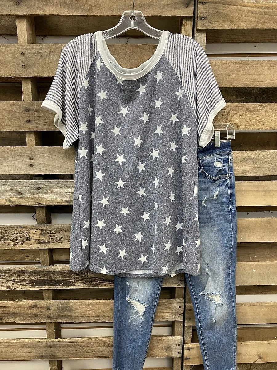 LilyWish Casual Stars And Stripes Printed Short Sleeve T-Shirt