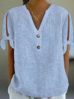 LilyWish Comfy Striped Print V-neck Split Sleeve Top