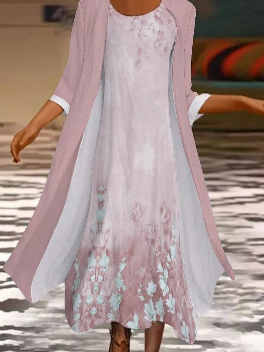 Casual Crew Neck 3/4 Sleeve Two Piece Maxi Dress