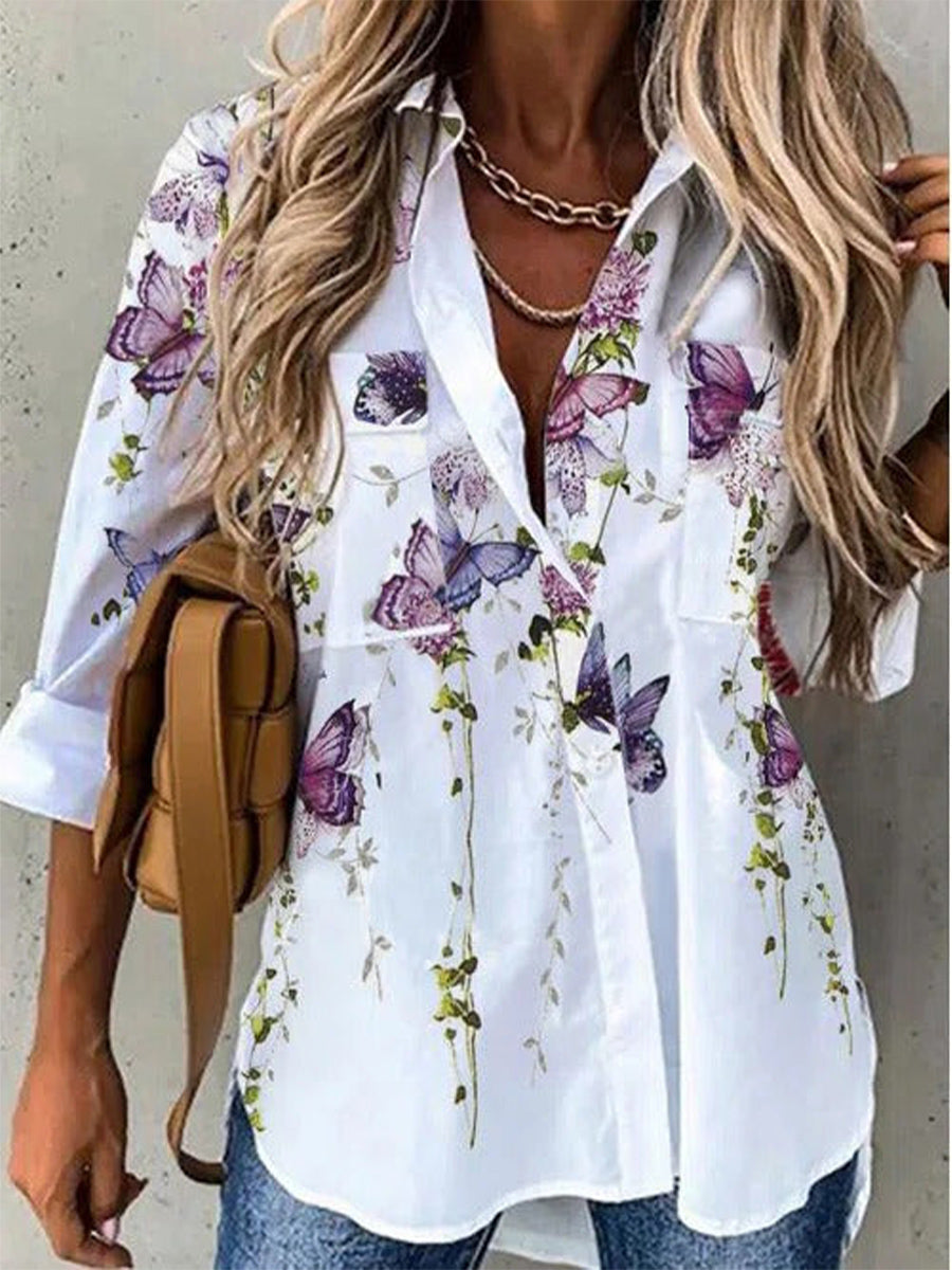 Shirt Collar Casual 3/4 Sleeve Floral Shirts