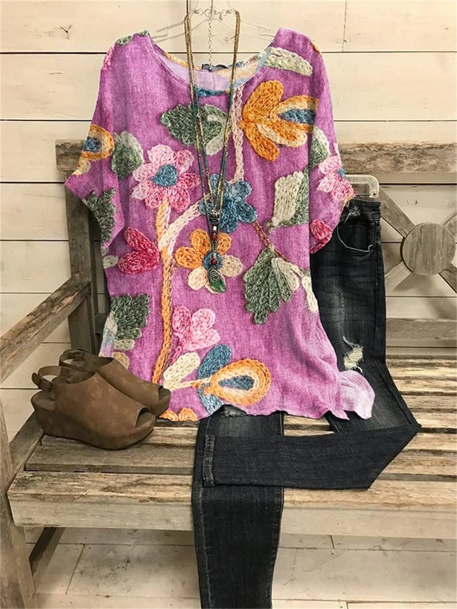 Elegant Round Neck Short Sleeve Floral Printed T-Shirt
