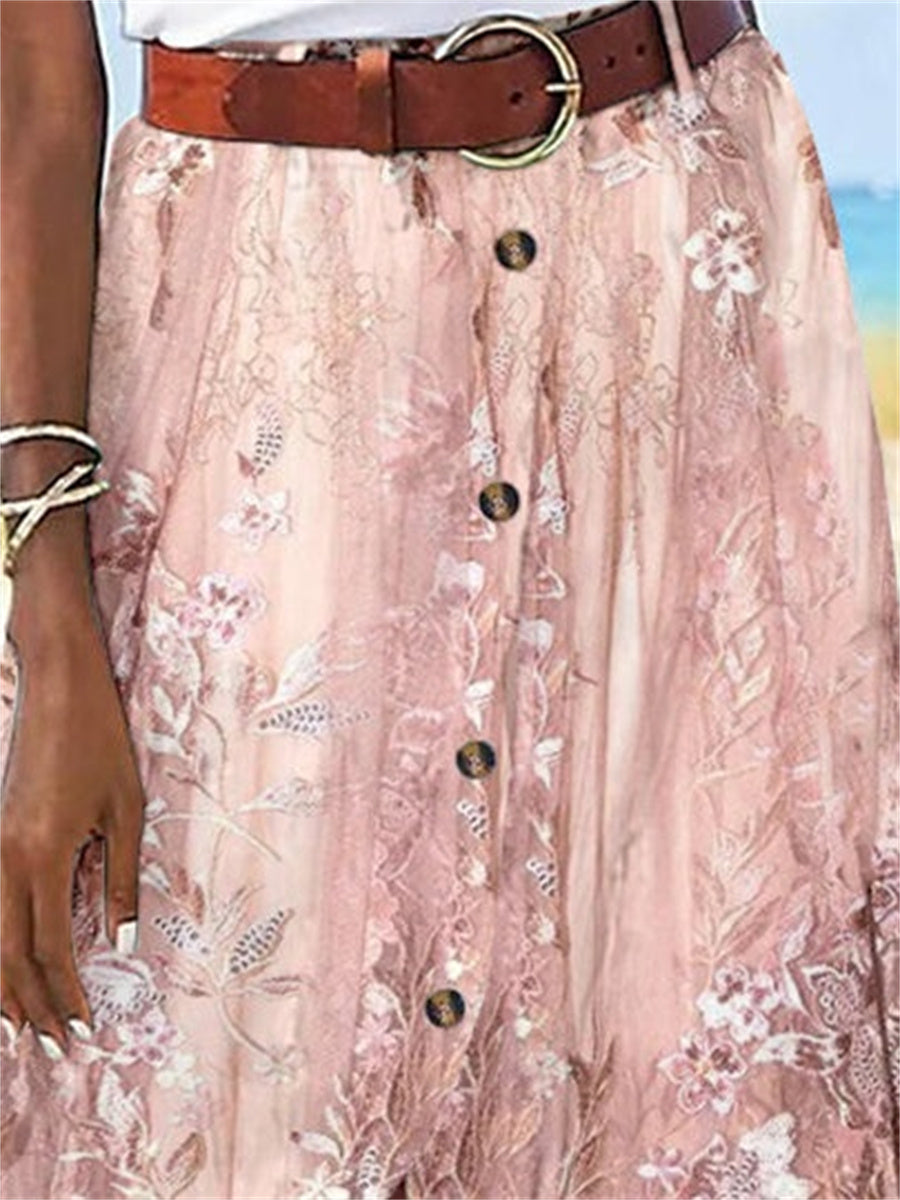 Women's Floral Printed Graphic Straight Fashion Split Button Maxi High Waist Skirt